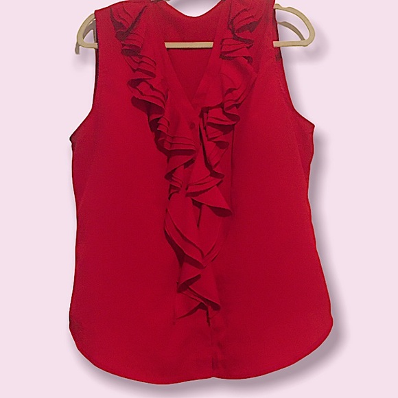 Red V-Neck Button Down Ruffle Collar Classy Top - Picture 2 of 4